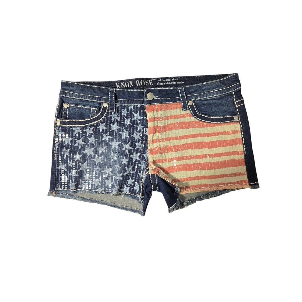 Knox Rose US American Flag Sequin Mid Rise Denim Shorts 18 Mid Rise Patriotic